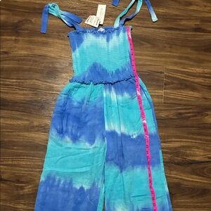 Women’s Blue Tie-Dye Smocked Jumpsuit with Adjustable Ties